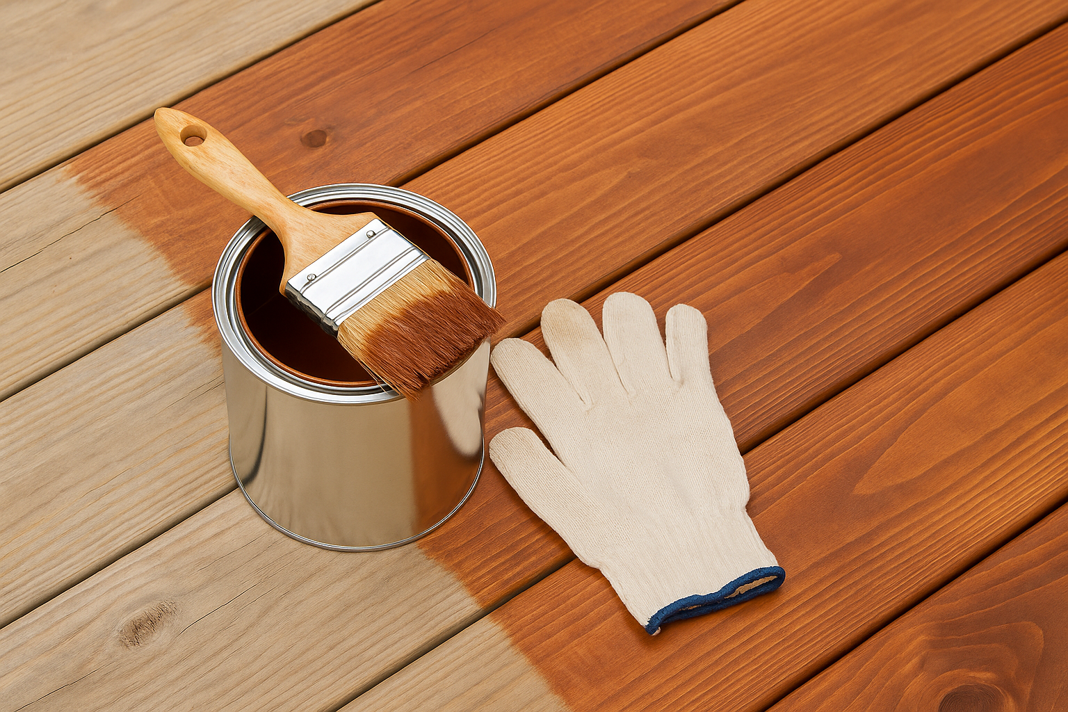 Bucket of wood deck stain with brush and gloves beside a partially finished deck